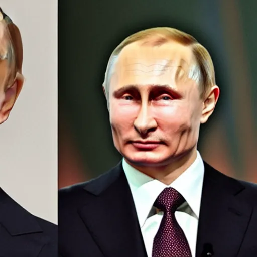 Image similar to putin teams up with a teenage putin, perfect faces