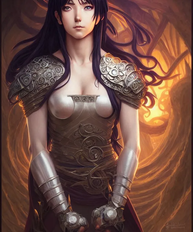 Image similar to hinata hyuga Muscular and powerful medieval knight portrait, art nouveau, fantasy, intricate flower designs, elegant, highly detailed, sharp focus, art by Artgerm and Greg Rutkowski