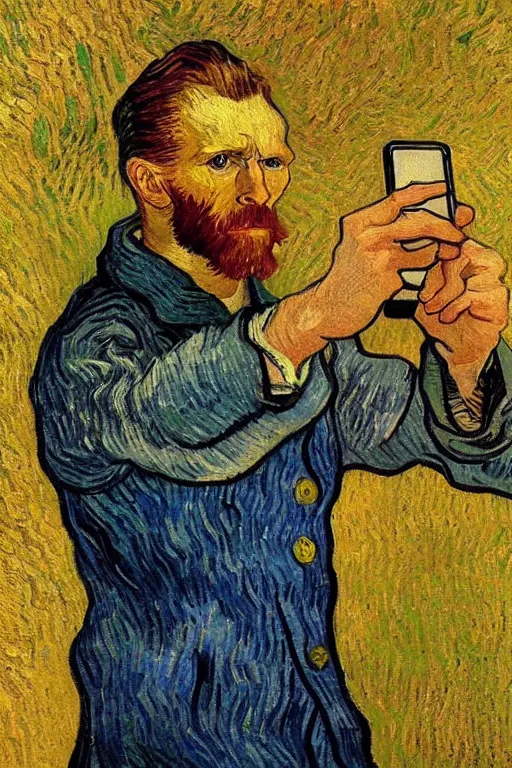 Prompt: portrait of hipster vincent van gogh taking a selfie, oil painting by vincent van gogh
