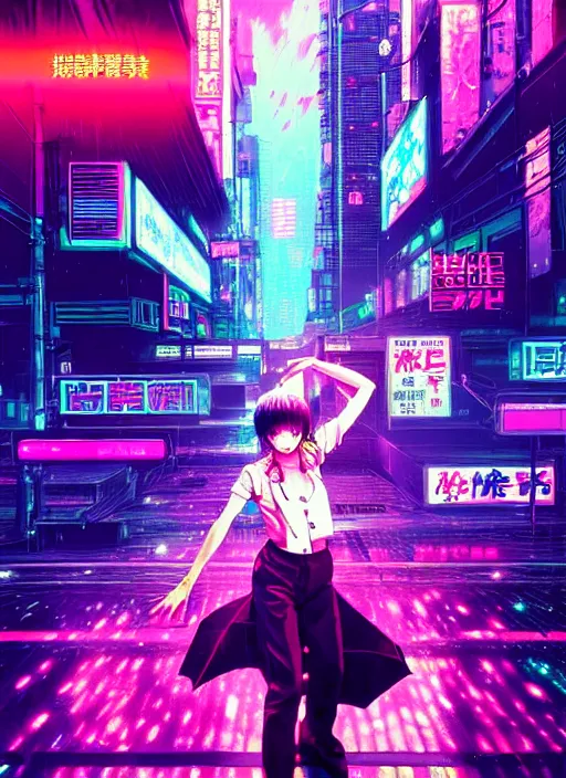 Image similar to city pop idol dancing in the apocalypse cyberpunk, accurate features, very intricate ultrafine details, masterpiece, realistic shaded lighting, detailed backgrounds, epic composition, soft neon lights, rain, in style of yoji shinkawa, pan ren wei, col price, atey ghailan, grunge aesthetic