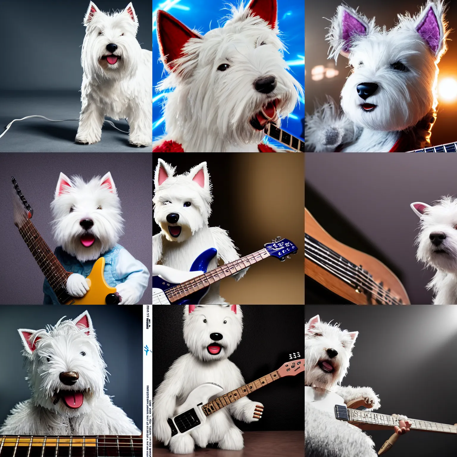 Prompt: a high detail shot of an Anthropomorphic west highland white terrier, playing electric guitar, photorealism, epic lighting, hd