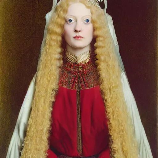 Image similar to blonde victorian princess, hyperrealism, concept art, jan van eyck