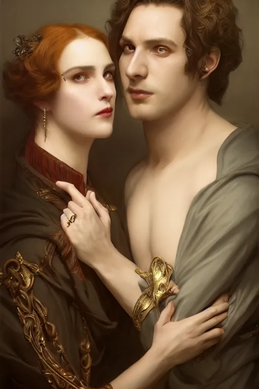 Image similar to a portrait of handsome young evil male Satan and his elegant beautiful wife, bored, illustration, dramatic lighting, soft details, painting oil on canvas, art nouveau, octane render, HDR, 4k, 8k, HD, by Edmund Blair Leighton, Brom, Charlie Bowater, trending on artstation, faces by Tom Bagshaw, Sargent