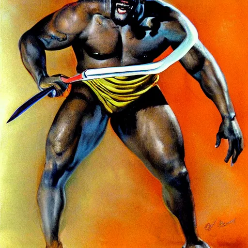 Prompt: Shaquille O'Neal as a fantasy barbarian painted by Boris Vallejo.