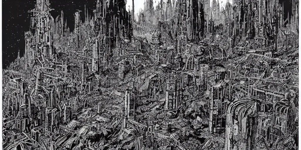 Prompt: post apocalyptic scifi landscape with city ruins by philippe druillet