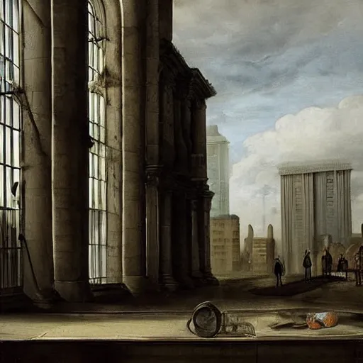 Image similar to by pieter claesz gouache tired. conceptual art. a cityscape in which tall, imposing buildings loom over a small city park. the scene is suffused with a eerie, light, & the overall effect is one of foreboding & menace.