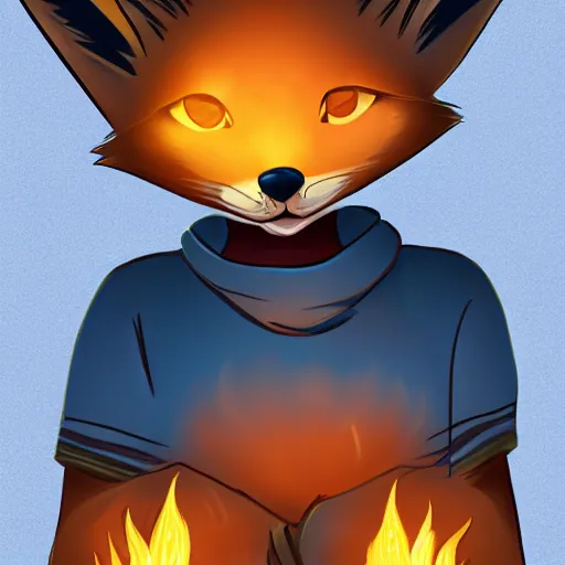 Prompt: furaffinity furry art of an anthro fennec character holding fireballs and wearing a blue sweatshirt, digital painting, detailed, cute, big intelligent eyes