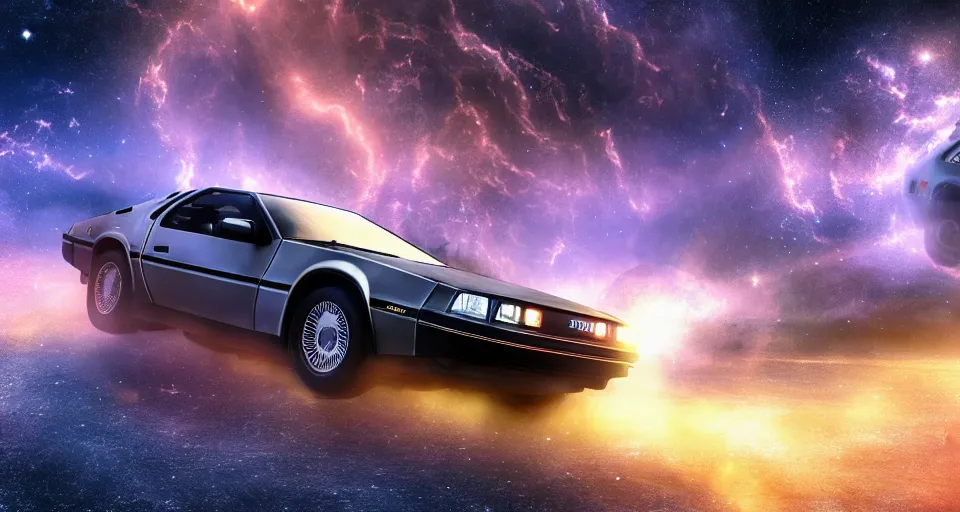 Prompt: inter dimensional sci - fi delorean far future, travelling across the stars, cosmos, galaxy, 8 k