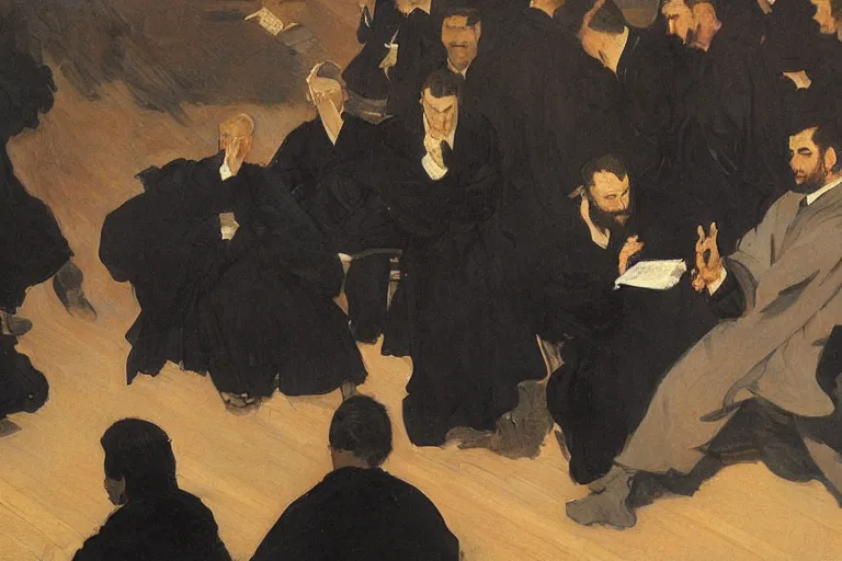 Image similar to a man in black robes interrupts a conference stage podium by joaquin sorolla, greg rutkowski, hokusai