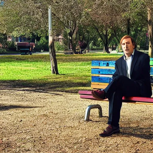 Prompt: saul goodman sitting at a park picnic bench