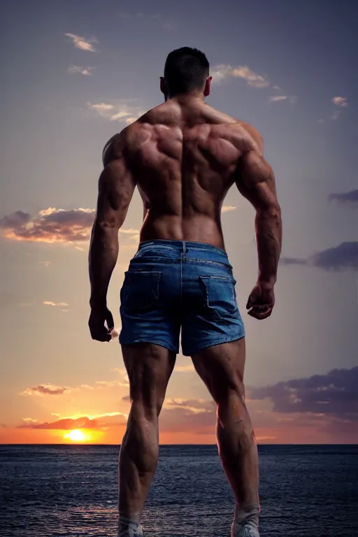 Image similar to a very muscular and defined man wearing ripped pants and shirt looking to the sea at sunset, godrays, complementary colors, natural lighting, portait image, path tracing, serene landscape, high quality, highly detailed, 8K, soft colors, warm colors, turbulent sea, high coherence, anatomically correct, hyperrealistic, concept art, defined face, five fingers, looking to the camera