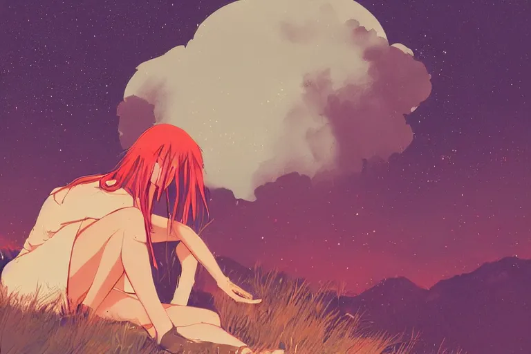 Prompt: woman crying sitting on a hill, outside, night sky, anime style, landscape, by Conrad Roset, digital art, trending on artstation
