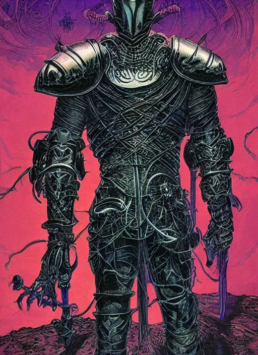 Prompt: emon knight in eldritch armor, blacklight poster on black paper, beautifully symmetrical, high detail render, by bernie wrightson greg rutowsk james jean