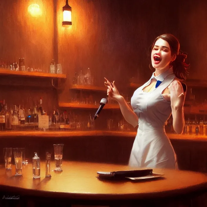 Prompt: a waitress singing on a table in a bar, elegant, real life skin, intricate artwork, high detailed, artstation, concept art, smooth, sharp focus, art by artgerm and greg rutkowski