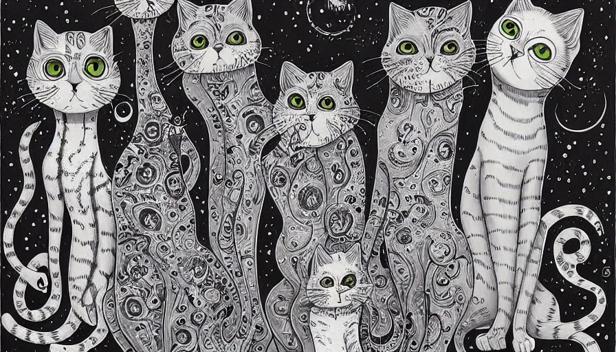 Image similar to acrylic painting of really tall cats by joe fenton, thick brush strokes and visible paint layers