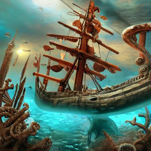 Image similar to vintage viking shipwreck surrounded by sharks and octopus, photorealistic, ultra-detailed, 4k high resolution, HDR shot, cinematic lighting