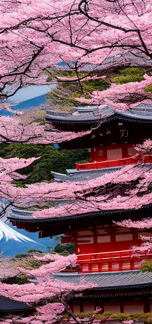 Prompt: a Shinto temple surrounded by a Sakura garden, mount Fuji in the background, stunning japanese aesthetics, studio photography, highly detailed