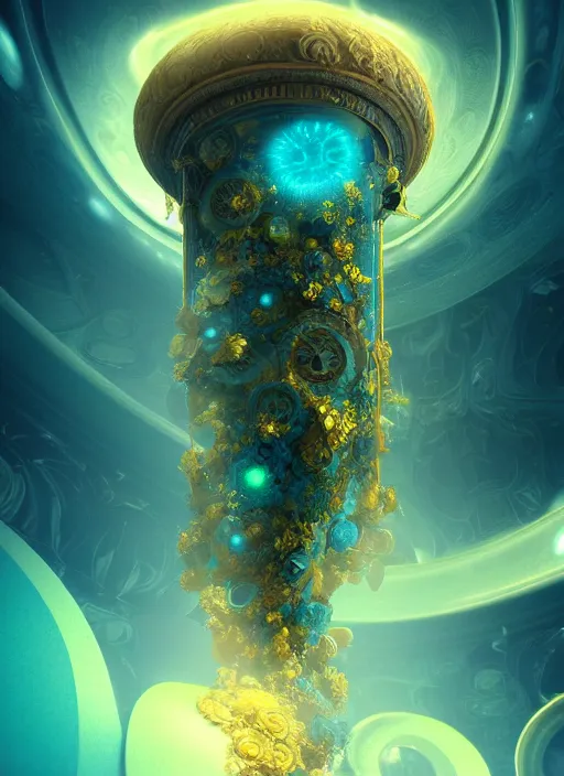 Image similar to flowers within the whole infinite capsule apparent with awe the apparition, an idea seep's into infinity highly detailed in volumetric latent space, golden turquoise steampunk, high contrast cinematic light, mystical shadows, sharp focus, divine realm of gods, octane render, artist by boris vallejo,