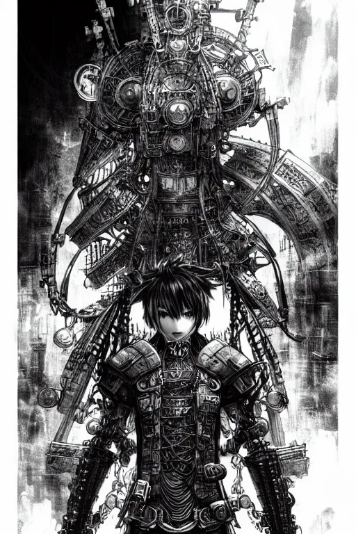 Image similar to a vertical portrait of a character in a city by yoshitaka amano and nihei tsutomu, black and white, dreamy, steampunk armor, highly detailed