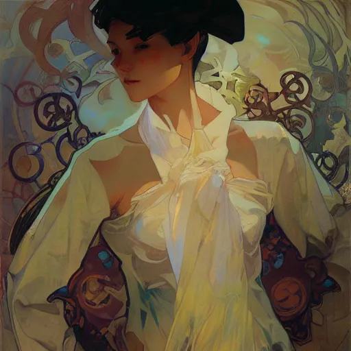 Image similar to krenzcushart, alphonse mucha, j. c. leyendecker, and ruan jia combined art