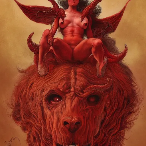 Image similar to a photographic portrait of a scarlet - colored beast with seven ( 7 ) heads and ten ( 1 0 ) horns by gustave dore and stephen hickman and allen williams, trending on artstation, cgsociety, 4 k hd, earthtone colors, a woman riding the back of the beast