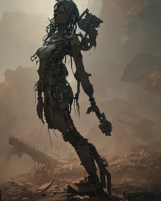 Image similar to hyper realistic photo of postapocalyptic tribal cyborg girl, full body, cinematic, artstation, cgsociety, greg rutkowski, james gurney, mignola, craig mullins, brom