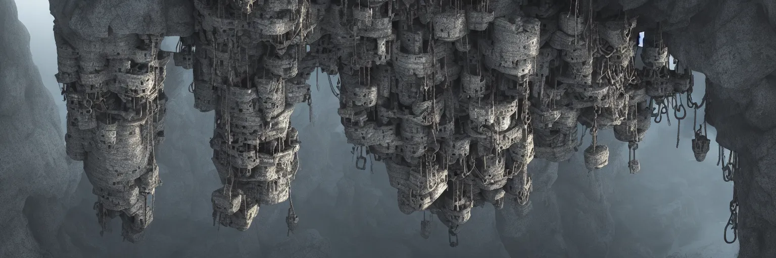 Prompt: floating castle hanging by chains in the air, in between a gorge, below only cloud dark void, 8k resolution, octane,