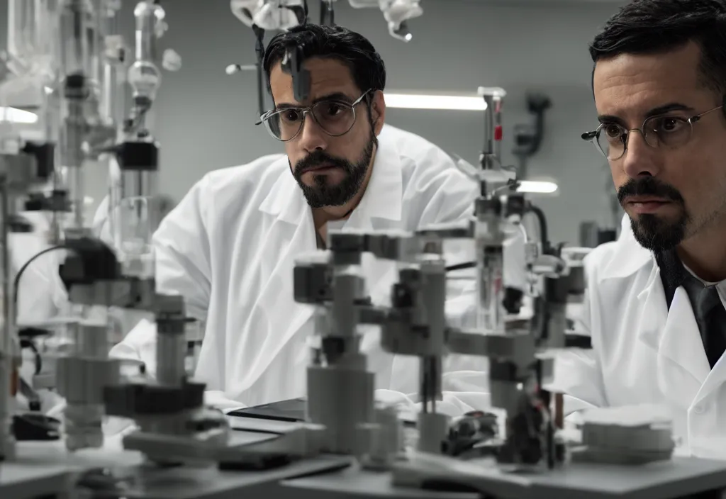 Prompt: professional shot of a scientist thin ( ( latino ) ) male in his tech lab, developing some female humanoid parts. from love death and robots ( 2 0 1 9 ). coherent portrait, intricate, elegant, highly detailed, digital photo, trending on artstation, hdr photo, smooth, sharp focus