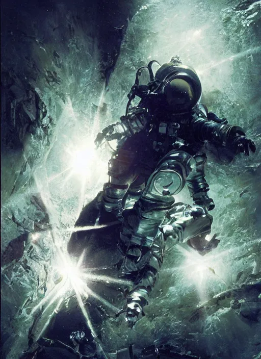 Image similar to astronauts in dark void underwater - complex and hyperdetailed technical suit. reflection and dispersion materials. rays and dispersion of light. volumetric light. f / 3 2. noise film photo. flash photography. ultra realistic, wide angle. poster by wayne barlowe, hajime sorayama aaron horkey, craig mullins