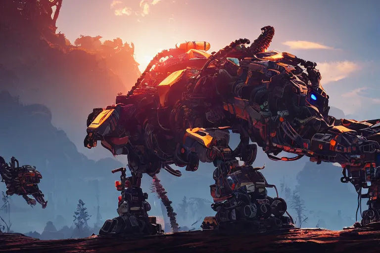 Image similar to scrapper machine mecanical creature robot of horizon forbidden west horizon zero dawn radiating a glowing aura global illumination ray tracing hdr fanart arstation by ian pesty and alena aenami artworks in 4 k