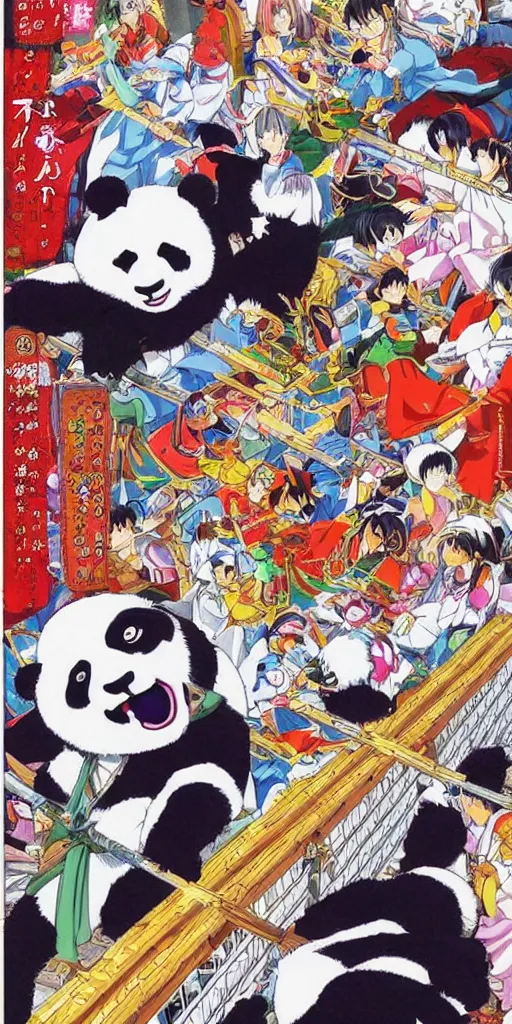 Image similar to a panda express bus in japan, 1990s anime, full color, tarot card the chariot, highly detailed