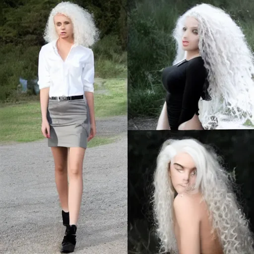 Image similar to a blond bombshell that is male, androgynous pretty pale skin, long curly blond hair, white shirt and black miniskirt