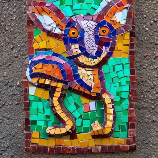 Image similar to mosaic sculpture of a alebrije chimera!!!, irregularly shaped large mosaic tiles, recycled pottery shards, in the style of folk art, in a cottagecore flower garden