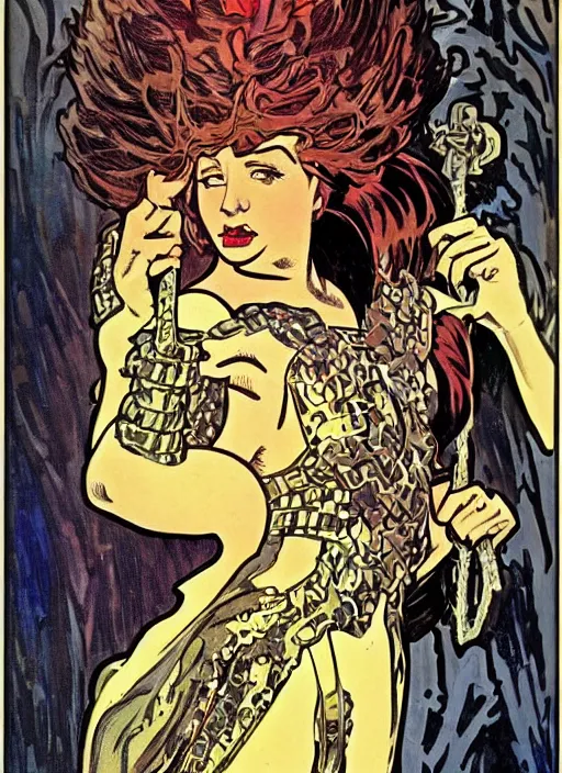 Prompt: a beautiful young woman. she is a barbarian, dressed in fur and chain mail. well composed, clean elegant painting, beautiful detailed face. retro comic book art by steve ditko and jack kirby and ( alphonse mucha )