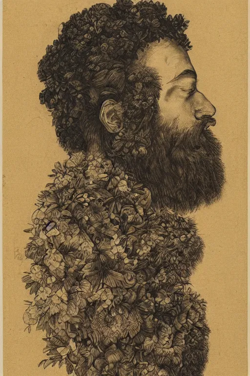 Prompt: a man's face in profile, with a long beard made of flowers and fruit, in the style of the dutch masters, dark and moody