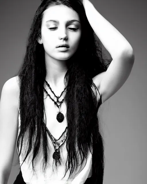 Prompt: a portrait of a beautiful Young female with long disheveled black hair, beautiful and in deep thought, sweet looks, white skin and reflective eyes, black tank top, black leather shiny jeans, an ankh necklace white colors in the background, by David Lazar and Annie Leibovitz 500px photos, top cinematic lighting , cinematic mood, very detailed, shot in canon 50mm f/1.2