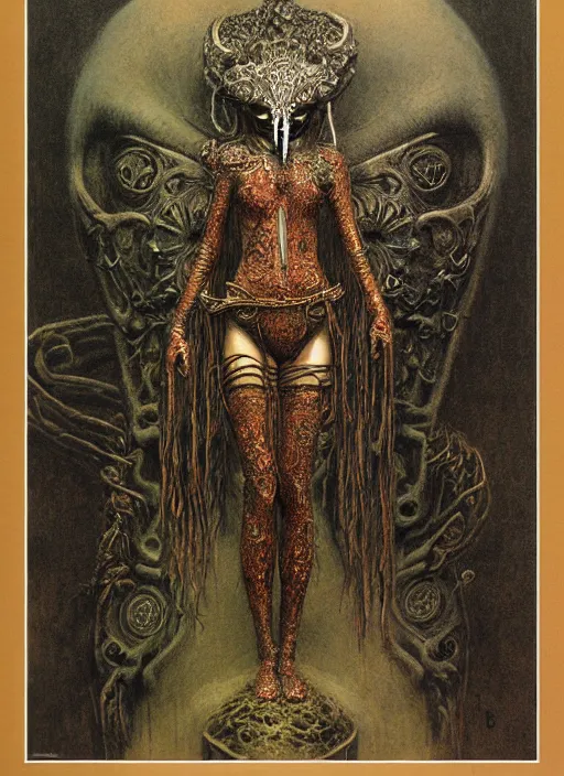 Image similar to full body girl in detailed ornamental mask by Beksinski and Luis Royo