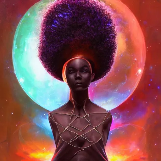 Image similar to afrofuturistic techno - mage uploading ancestral knowledge to the uni - mind interface, dark fantasy, occult, high - quality, surrealist oil painting, artstation