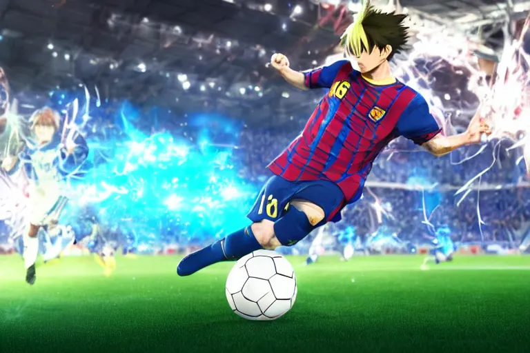 Prompt: anime soccer player scores goal like lionel messi, hyper realism, octane render