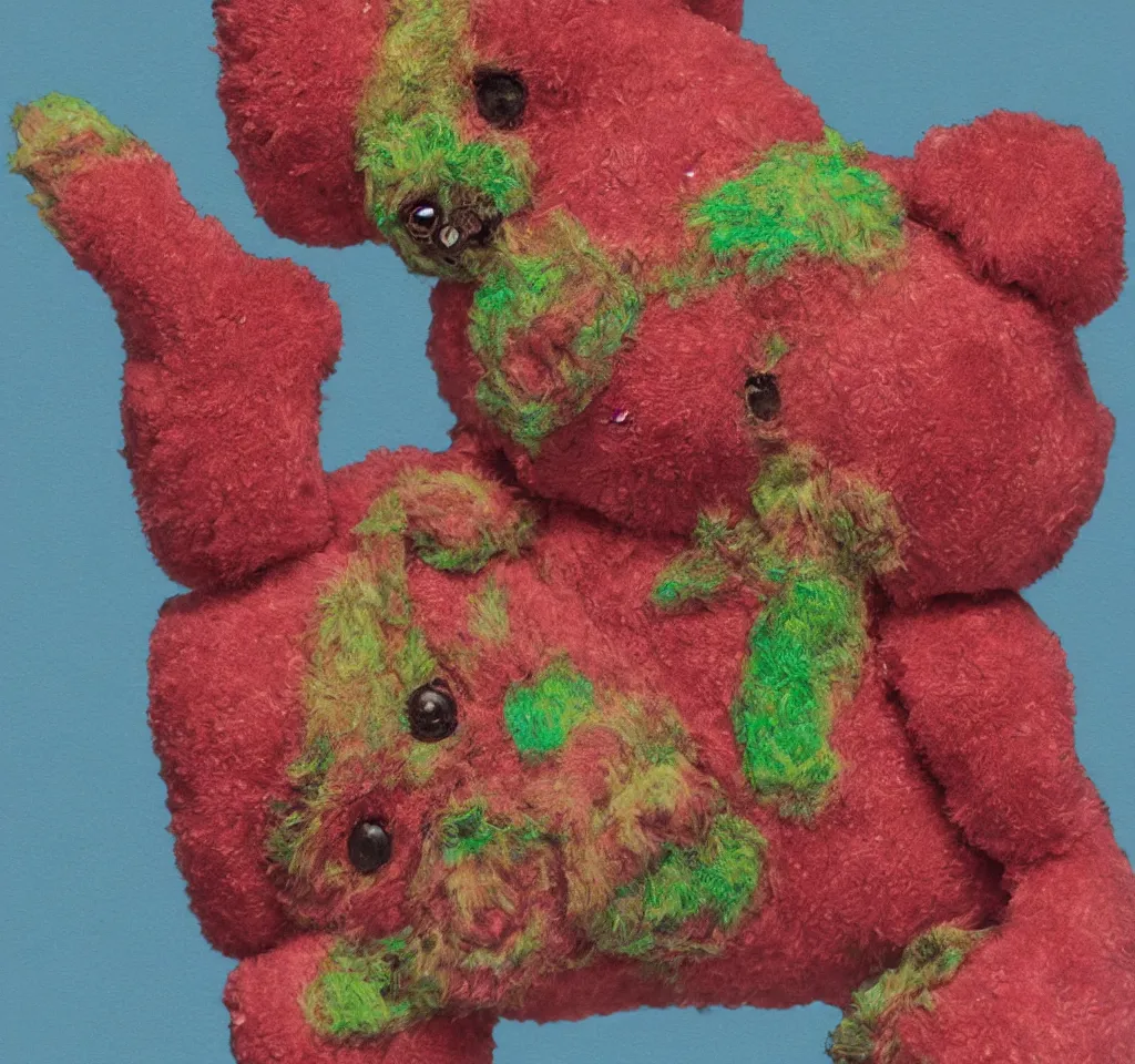 Prompt: digital art hyper realism body horror studio lighting strawberry teddy bear technicolor 3 5 mm