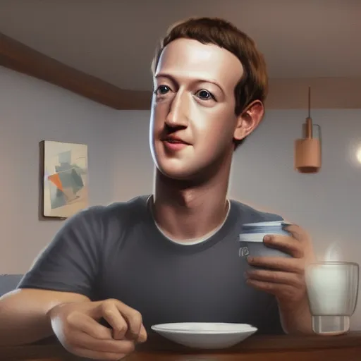 Prompt: Mark Zuckerberg chilling in a coffee shop sipping on his hot steaming coffee, hyperdetailed, artstation, cgsociety, 8k