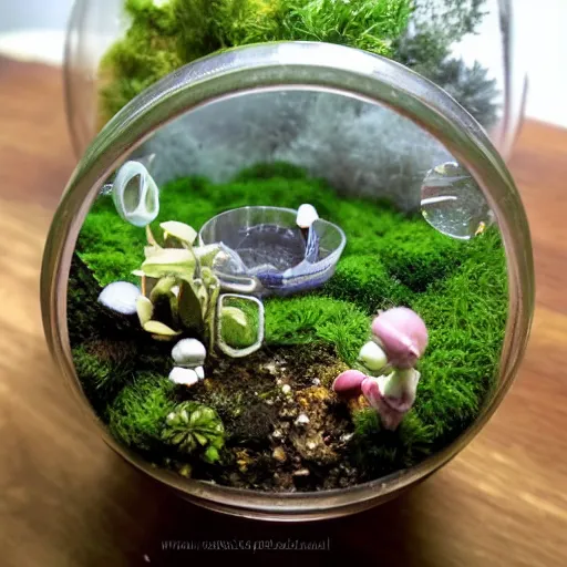 Image similar to a cute tiny world in a closed terrarium