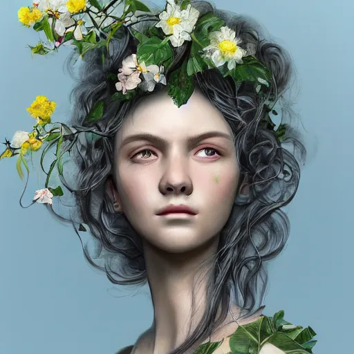 Prompt: a beautiful fine art RPG portrait photo of a sleeping robot by vladislav ociacia, spread out wavy hair covered by by hibiscus, daffodils, hydrangea, montsera leaves by tom bagshaw, soft studio lighting, soft vignette, 50mm lens, very detailed, bionic, robotic, deep depth of field, artstation, 4K