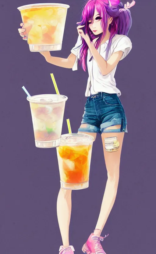 Image similar to a kawaii woman with rainbow hair, happy, summer time, holding boba tea drink, soft eyes and narrow chin, dainty figure, long hair straight down, kawaii shirt and jeans, basic white background, In style of by Jordan Grimmer and greg rutkowski, crisp lines and color