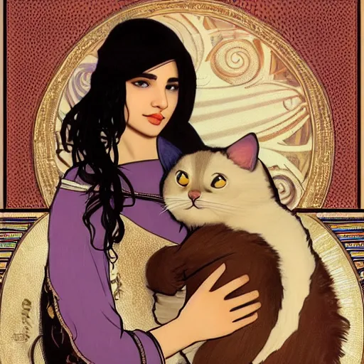 Image similar to cute emo moroccan woman, with long dark hair, thick eyebrows!!! dark eyes and dark circles!, wide nose!!!, big eyes, oval face shape, big cheeks!, she is holding a cat in her arms, by juan villafuerte, greg rutkowski and alphonse mucha, pexels contest winner, high quality photo, hd rtx