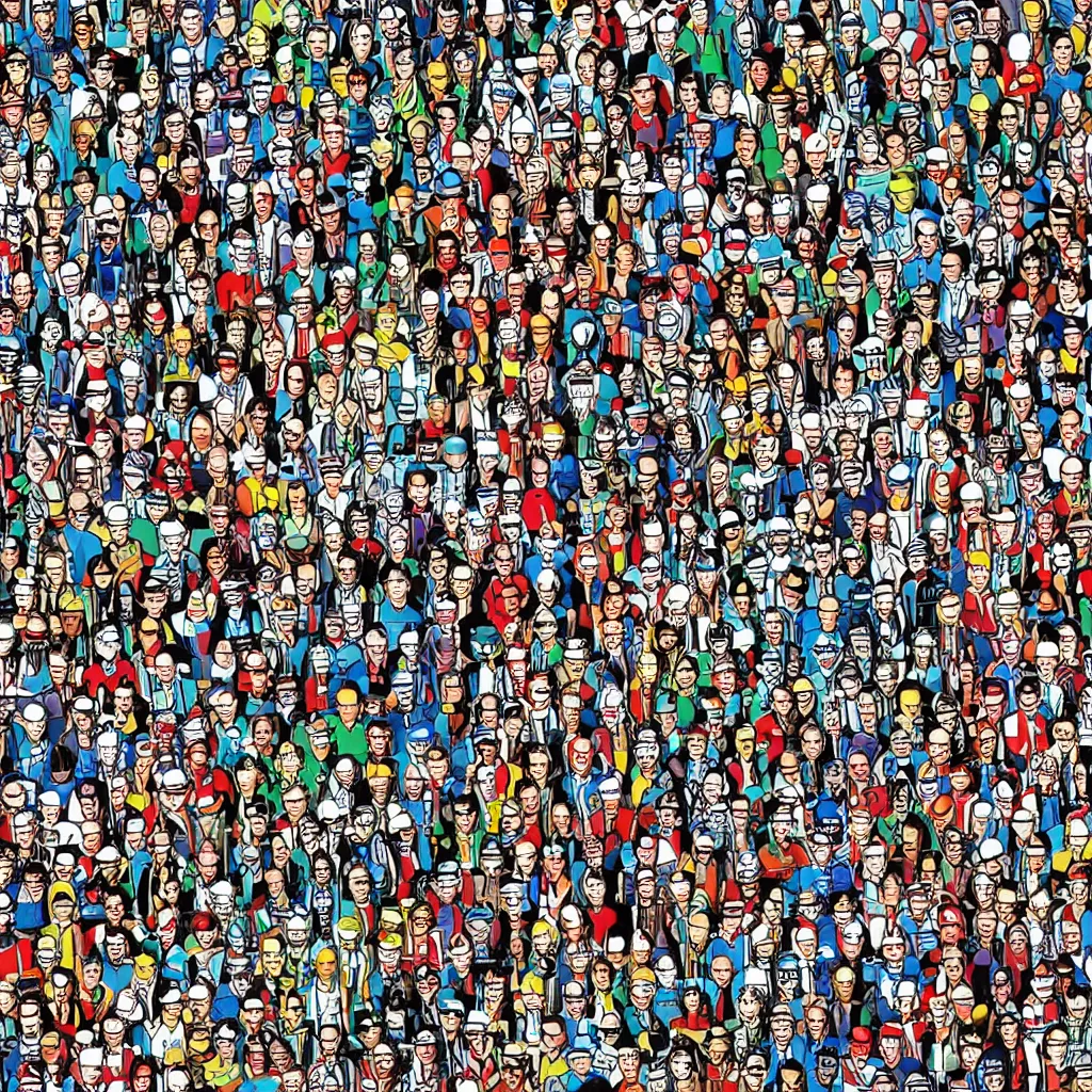 Image similar to Where's Waldo, on a futuristic robot battlefield