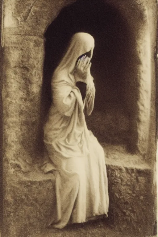 Image similar to a photo om mary praying in front of a tomb, by julia margaret cameron