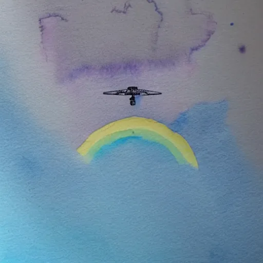 Prompt: low - angel view, from 1 0 0 0 meters in the distance, vague uap interstellar vehicle on top of an ephemeral rainbow in the sky, muted watercolor. minimalist, detailed, heavy under paint, muted colors. ue 5