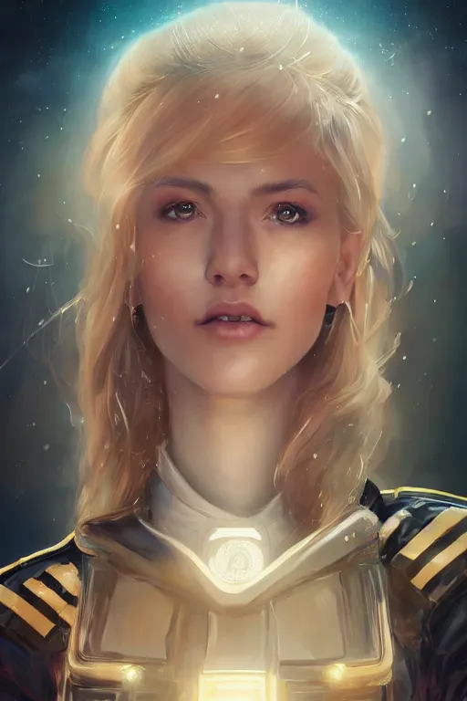 Image similar to beautiful portrait of a female officer wearing a fancy naval uniform, art by wlop and artgerm, science fiction, intricate detail, blonde hair, space background, trending on artstation, sharp focus, illustration, caustics, octane render, radiant light, 4 k