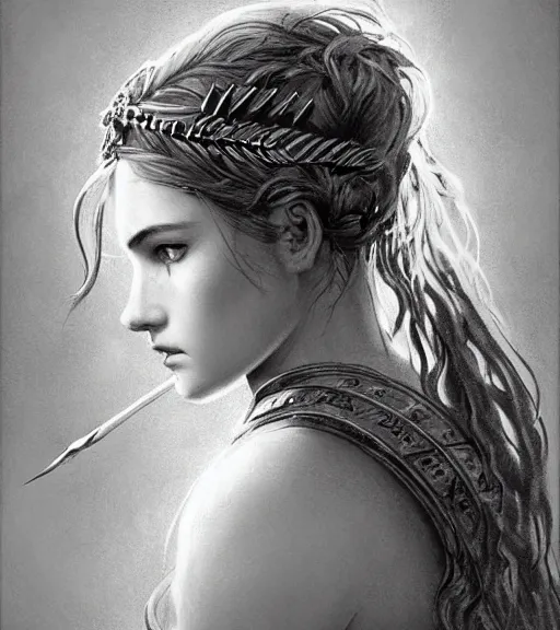 Image similar to beautiful aphrodite goddess wearing an arrow on her head, realistic face, beautiful eyes, black and white drawing, in the style of greg rutkowski, fantasy, amazing detail, epic, intricate, elegant, smooth, sharp focus